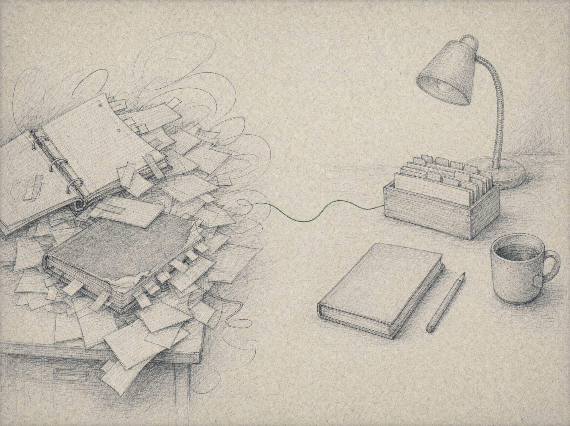 Pencil sketch in two halves. On the left, a desk buried in loose handouts, scattered index cards and a binder spilling pages. On the right, the same desk in order, with a small wooden card box, a closed notebook and a mug of tea. One green pencil line joins the two.