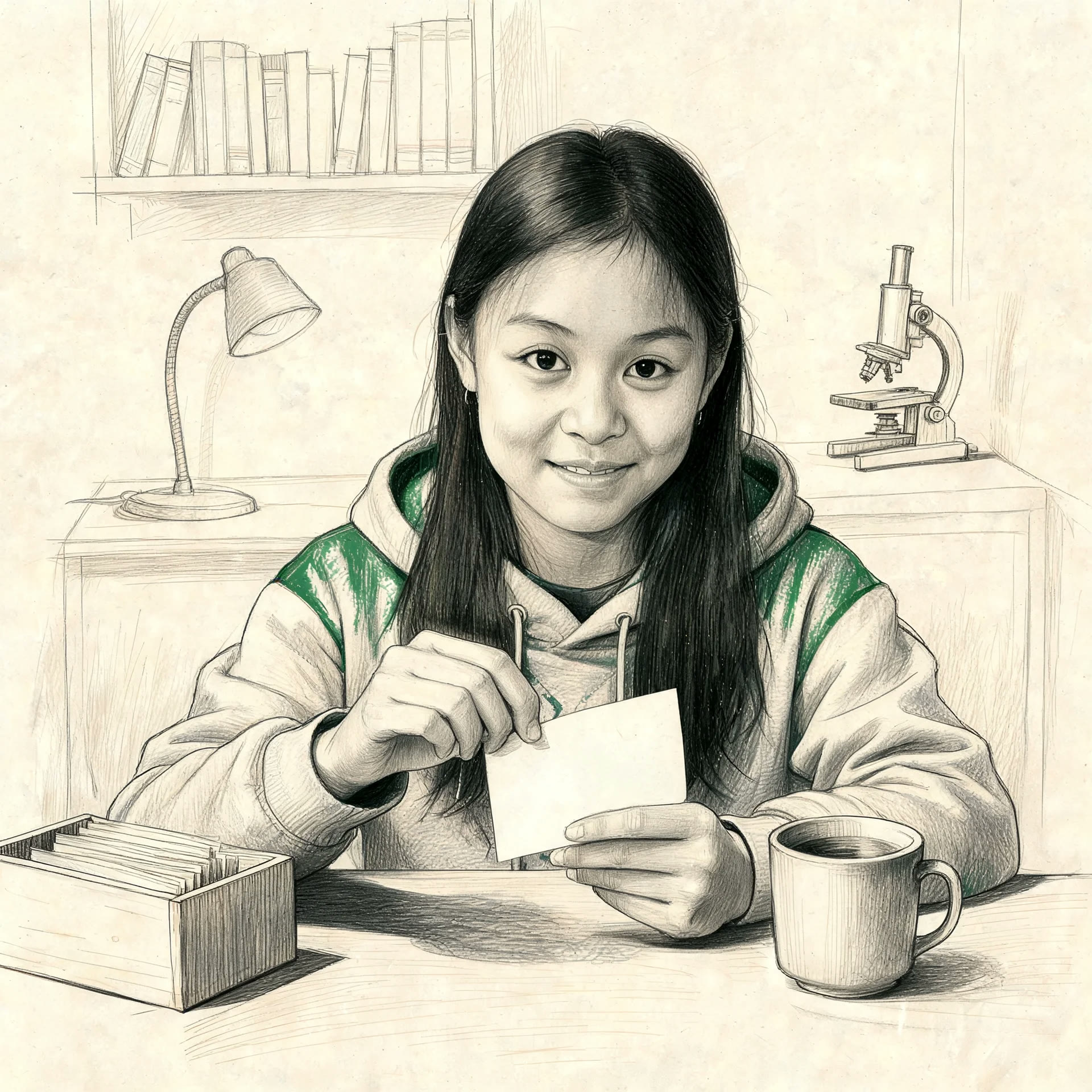 Pencil sketch of a student in a hooded sweatshirt at a desk, smiling and holding up one index card, with a small wooden card box and a mug beside them. A lamp, a microscope and a shelf of books are sketched behind. An illustration.